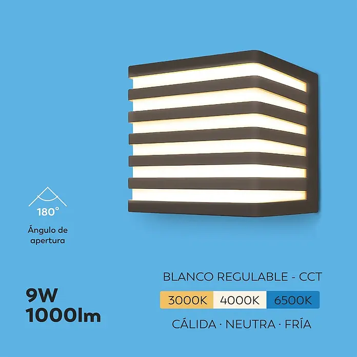 Garza Aplique exterior LED Vito - 9 W, 10,4 x 11,2 x 11,2 cm, Negro, IP65 - Aplique de pared gris oscuro con ángulo de apertura 180°, 9W, 1000lm y luz blanca regulable (3000K-6500K).