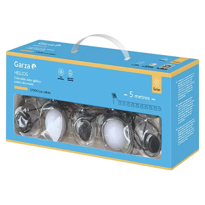 Garza Guirnalda luminosa solar Helios - Para exterior, Blanco cálido, 7 m, Número de bombillas: 10 ud., Con energía solar - Caja de guirnalda solar Garza Helios 5m con globos de cristal ahumado, luz cálida 2700K.