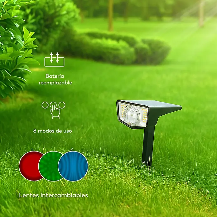 Garza Estaca solar Boreas - L x An x Al: 10 x 16 x 30 cm, Negro, IP65, 100 lm - Foco solar de jardín oscuro con batería reemplazable y filtros de color rojo, verde y azul intercanbiables.