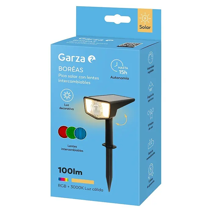 Garza Estaca solar Boreas - L x An x Al: 10 x 16 x 30 cm, Negro, IP65, 100 lm - Caja del foco solar Garza BORÉAS con la luz negra mostrada, lentes intercambiables y iluminación RGB+blanco cálido.