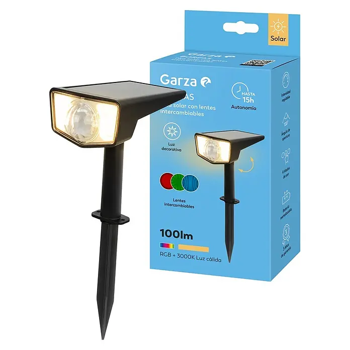 Garza Estaca solar Boreas - L x An x Al: 10 x 16 x 30 cm, Negro, IP65, 100 lm - Foco solar negro para jardín con cabezal iluminado, mostrado con su embalaje azul claro. Incluye lentes intercambiables.