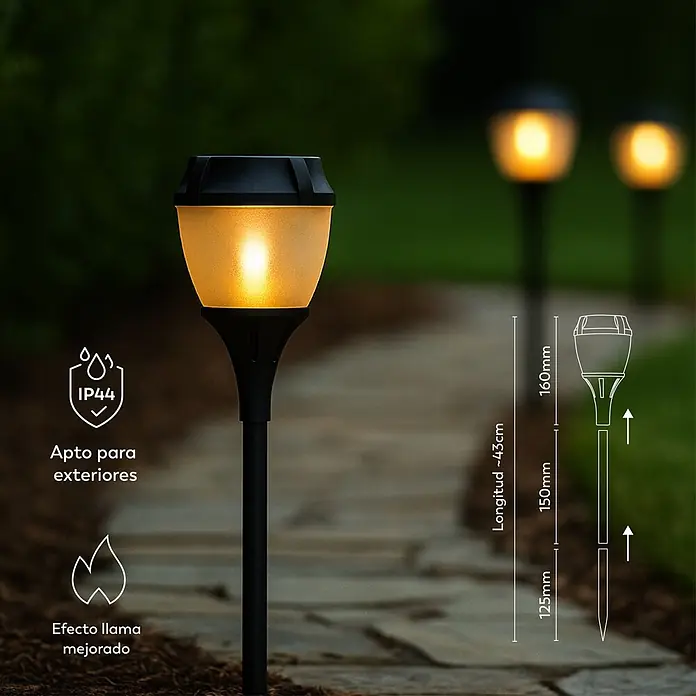 Garza Estaca solar Fenix - 43,5 cm, Negro, IP44, 2 lm - Farol solar negro para jardín con efecto llama ámbar, de 43cm de alto, para uso exterior.