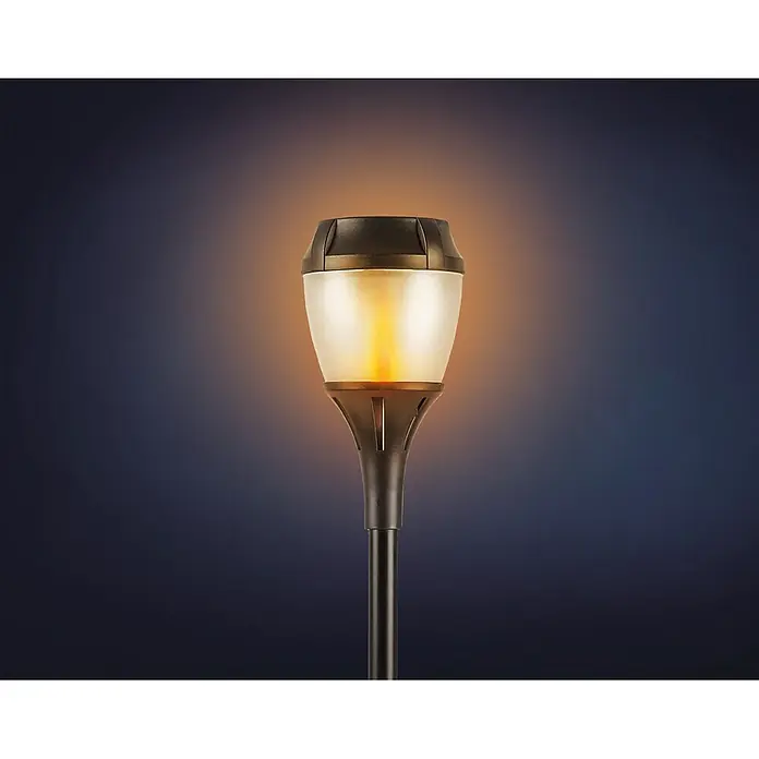 Garza Estaca solar Fenix - 43,5 cm, Negro, IP44, 2 lm - Luz de camino negra con cubierta esmerilada y un resplandor naranja parpadeante efecto llama.