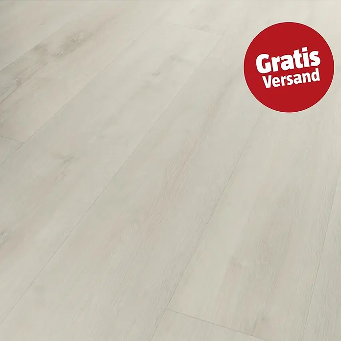Fixed Vinylboden - Weißeiche, Landhausdiele, 1.219 x 184 x 2,5 mm - Helle Holzoptik-Bodenbelag mit dezenter Maserung, diagonal verlegt.