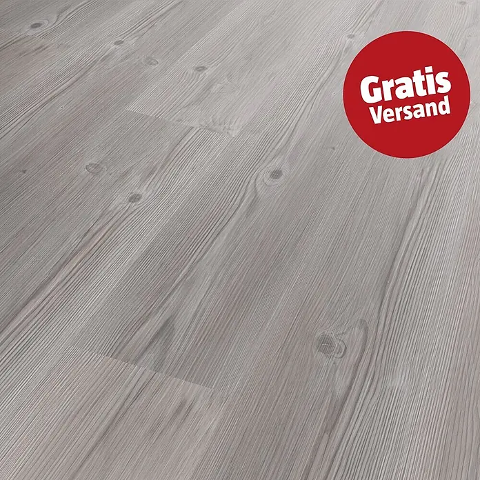 b!design Vinylboden Rigid SPC - Swiss Pinie, Landhausdiele, 1.220 x 181 x 3,8 mm - Hellgrauer Holzboden mit sichtbarer Maserung und Astlöchern.
