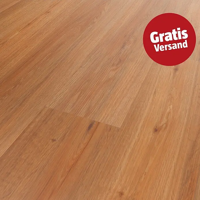 Vinylboden Strong SPC - Bucura, Landhausdiele, 1.524 x 228 x 6,5 mm - Hellbraune Holzfußboden-Paneele mit sichtbarer Maserung.