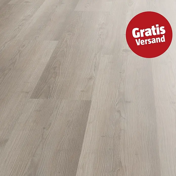 Vinylboden Strong SPC - Groda, Landhausdiele, 1.524 x 228 x 6,5 mm - Hellbeiger Laminatboden mit natürlicher Holzmaserung und rotem "Gratis Versand" Aufkleber.