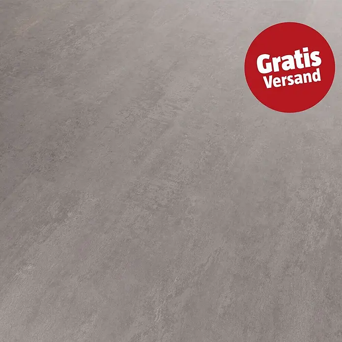 b!design Vinylboden SPC - Udine, Fliese, 609,6 x 304,8 x 3,8 mm - Graue, strukturierte Oberfläche mit rotem "Gratis Versand" Aufkleber.