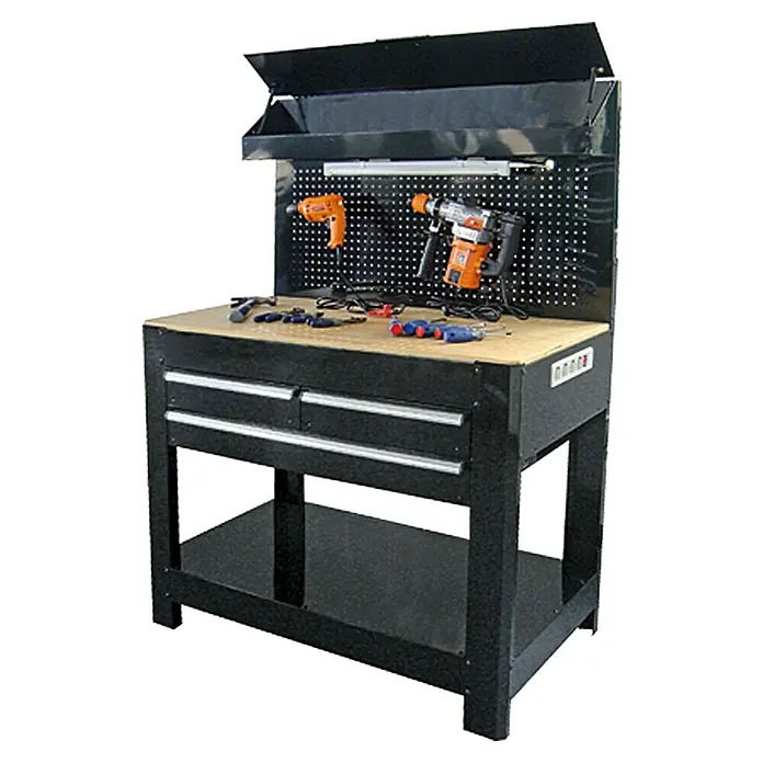 Wisent Banco de trabajo - L x An: 114 x 61 cm, Altura de trabajo: 160 cm, Carga soportada: 140 kg, Negro - Banco de trabajo con herramientas y dos cajones, perfecto para un taller.