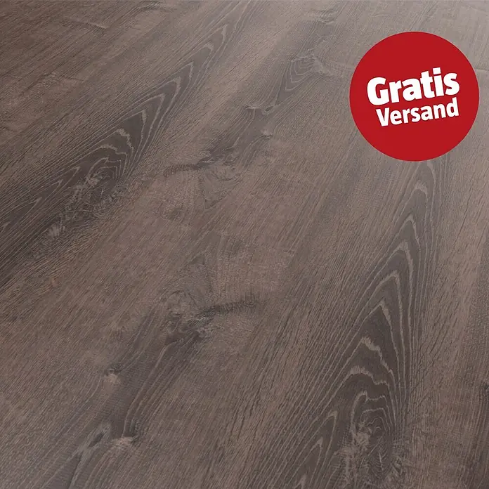 Star Clic Vinylboden More+ - Smoky Oak Grey, Landhausdiele, 1.210 x 220 x 5 mm - Dunkelbrauner Laminatboden in Holzoptik mit ausgeprägter Maserung und Ästen.