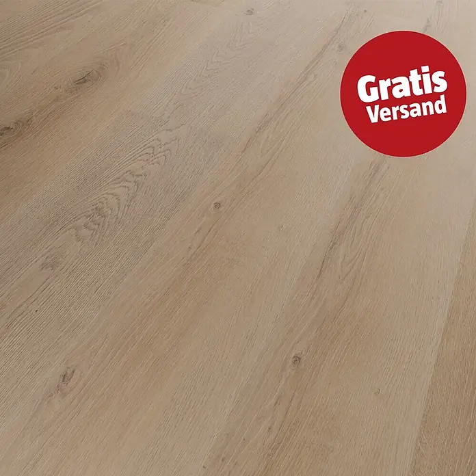 b!design Vinylboden Rigid SPC - Eiche Polaris, Landhausdiele, 1.220 x 182 x 3,5 mm - Hellbrauner Holzboden in Laminatoptik mit Maserung und Ästen, roter 'Gratis Versand'-Badge.