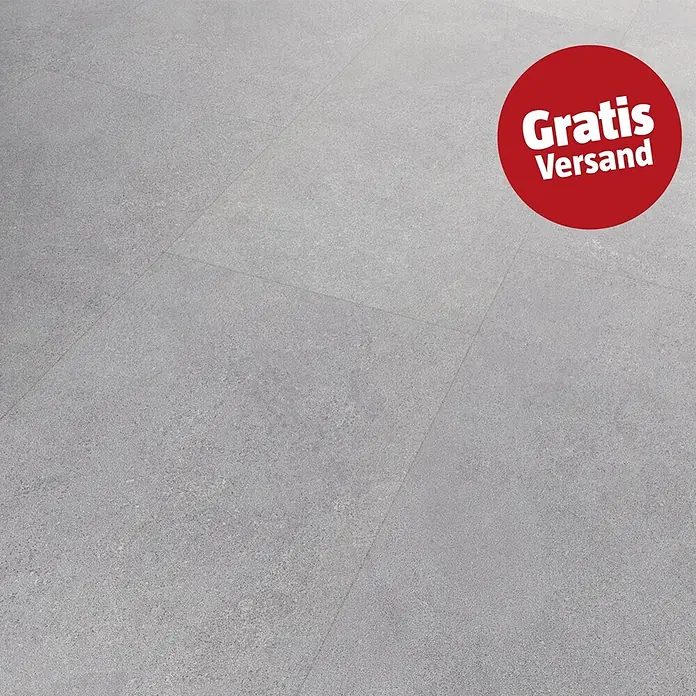 b!design Vinylboden SPC - Modena, Fliese, 609,6 x 304,8 x 4 mm - Graue strukturierte Bodenfliesen mit rotem rundem "Gratis Versand" Overlay.