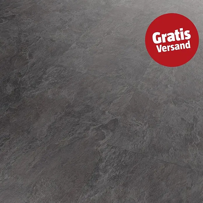 b!design Vinylboden SPC - Florentina, Fliese, 609,6 x 304,8 x 4 mm - Dunkelgraue Vinyl-Bodenfliesen in Schieferoptik.