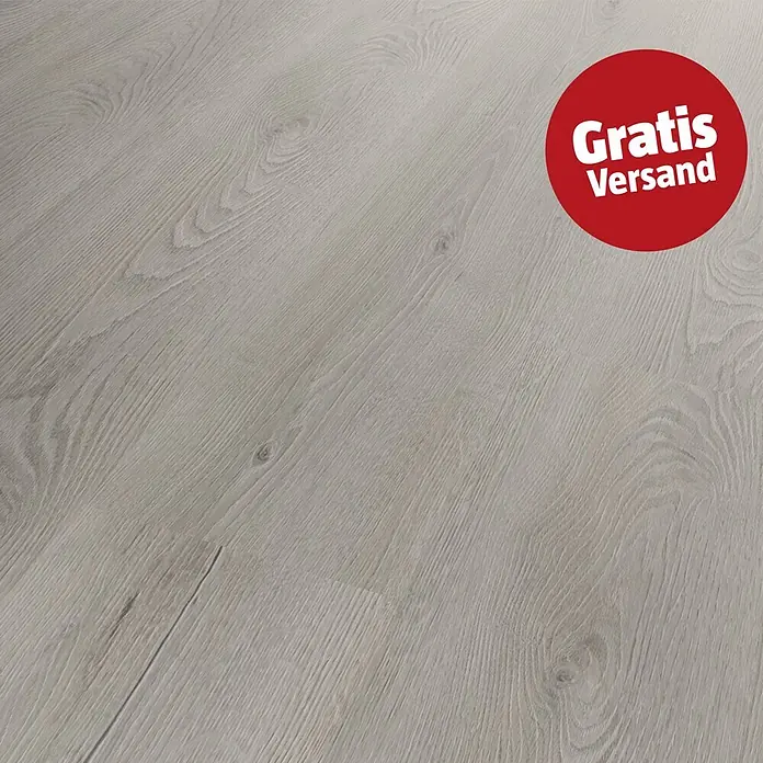 b!design Vinylboden SPC Silent - Springfield, Landhausdiele, 1.220 x 230 x 4,8 mm - Hellgrauer Laminatboden in Holzoptik mit natürlicher Maserung und rotem Kreis mit „Gratis Versand“ oben rechts.