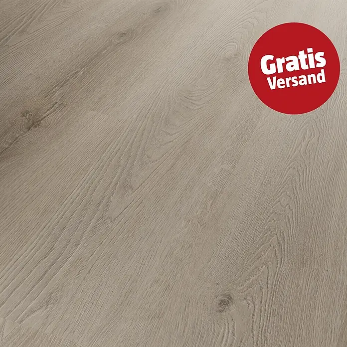 b!design Vinylboden SPC Silent - Hartford, Landhausdiele, 1.220 x 230 x 4,8 mm - Hellbeiger Holzboden mit natürlicher Maserung und rotem Kreis mit „Gratis Versand“.