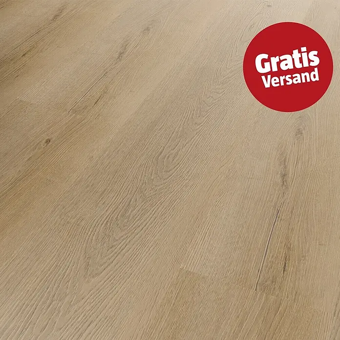 b!design Vinylboden SPC Silent - Worcester, Landhausdiele, 1.220 x 230 x 4,8 mm - Helle Holzoptik-Boden mit sichtbarer Maserung und einem roten "Gratis Versand" Kreis.