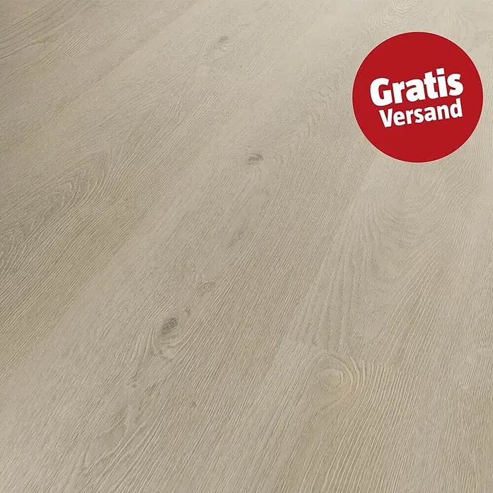 b!design Vinylboden SPC Silent - Boston, Landhausdiele, 1.220 x 230 x 4,8 mm - Helle beige Holzoptik-Bodenbelag mit detaillierter Maserung und natürlicher Textur, mit rotem "Gratis Versand"-Etikett oben rechts.