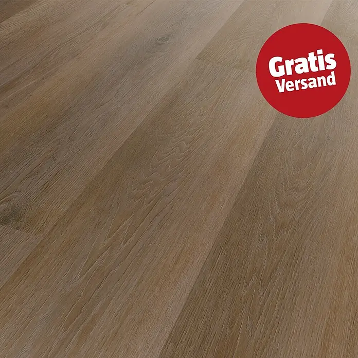 b!design Vinylboden SPC Silent - New Haven, Landhausdiele, 1.220 x 230 x 4,8 mm - Hellbrauner Laminatboden mit natürlicher Holzmaserung und rotem "Gratis Versand"-Abzeichen.