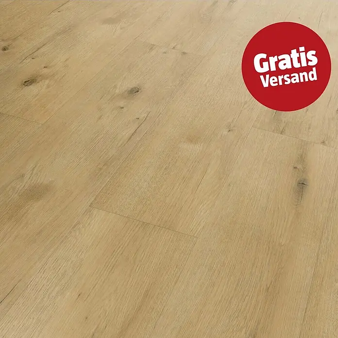 b!design Vinylboden SPC - Conway Eiche, Landhausdiele, 1.220 x 181 x 3,5 mm - Helle, beige Holzoptik-Bodenplanken mit sichtbarer Maserung und Ästen.