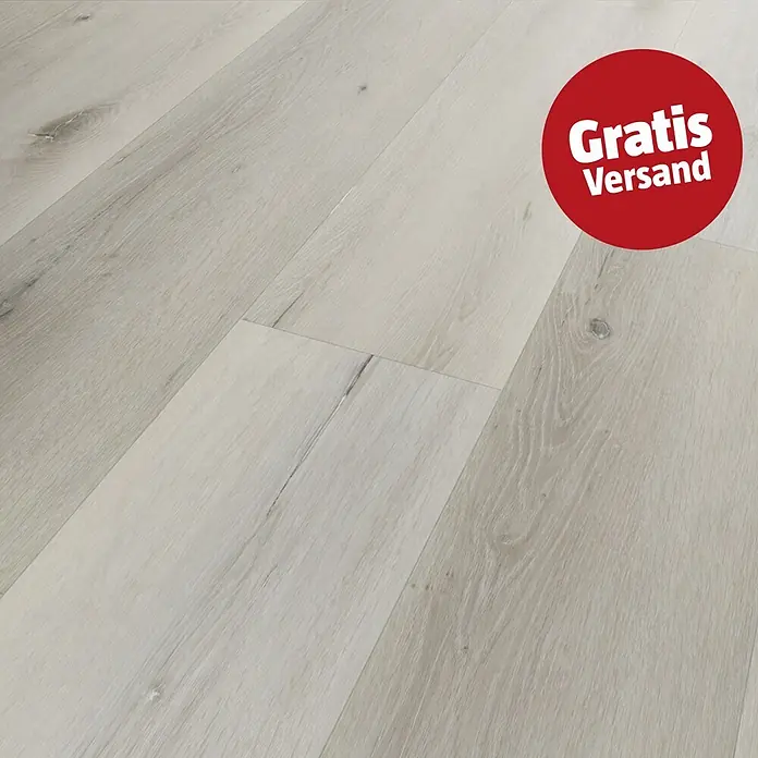 b!design Vinylboden SPC - Savannah Eiche, Landhausdiele, 1.220 x 181 x 3,5 mm - Hellbeige Holzoptik-Bodenbelag mit deutlicher Maserung und Ästen.