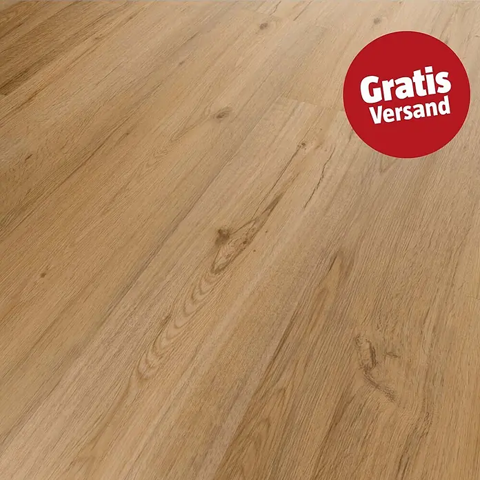 b!design Vinylboden SPC - Kansas Eiche, Landhausdiele, 1.220 x 181 x 3,8 mm - Hellbrauner Holzboden mit sichtbarer Maserung und Ästen.