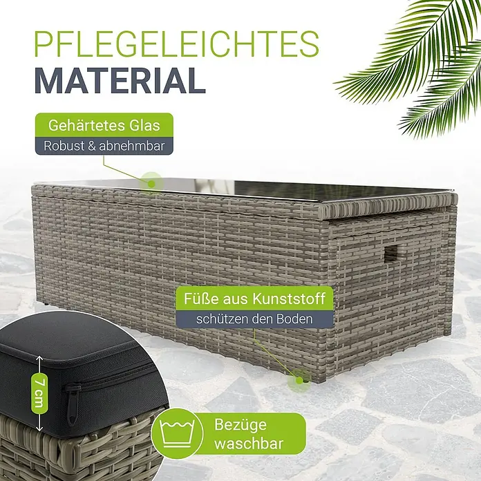 Juskys Loungemöbel-Set Salou - 6 -tlg., Möbel: Polyrattan, Stahl (pulverbeschichtet); Tischplatte: Gehärtetes Glas; Bezug: 100% Polyestergewebe 180 g/m², Farbe Möbel: GrauFarbe Polster: GrauMax. Belastbarkeit: Bank 320 kg; Sessel/Hocker je 160 kg; Tisch 75 kg, Grau - Grauer Rattantisch für den Außenbereich mit pflegeleichter Sicherheitsglasplatte und schützenden Kunststofffüßen.