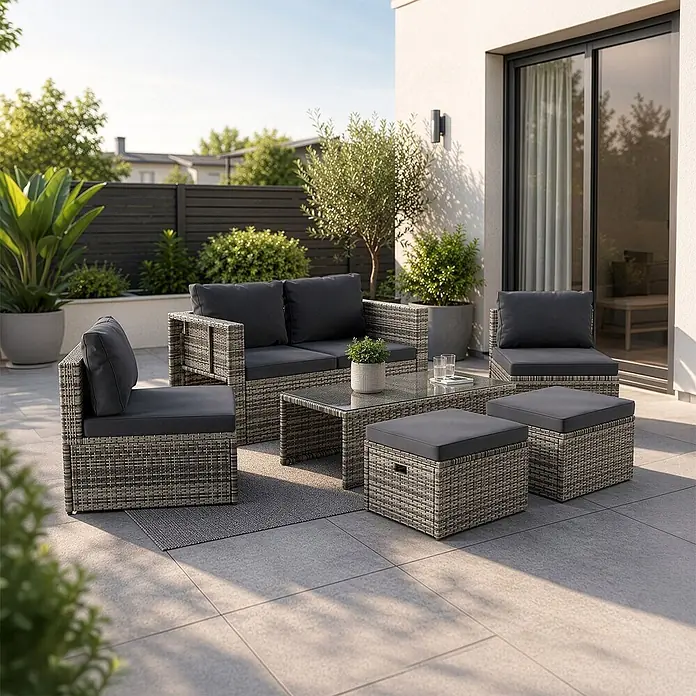 Juskys Loungemöbel-Set Salou - 6 -tlg., Möbel: Polyrattan, Stahl (pulverbeschichtet); Tischplatte: Gehärtetes Glas; Bezug: 100% Polyestergewebe 180 g/m², Farbe Möbel: GrauFarbe Polster: GrauMax. Belastbarkeit: Bank 320 kg; Sessel/Hocker je 160 kg; Tisch 75 kg, Grau - Graues Polyrattan-Gartenmöbelset mit dunklen Kissen auf einer modernen Terrasse.