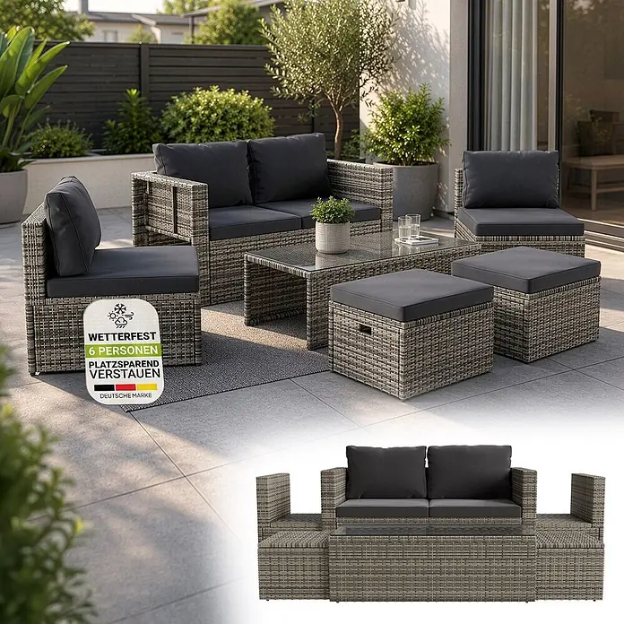 Juskys Loungemöbel-Set Salou - 6 -tlg., Möbel: Polyrattan, Stahl (pulverbeschichtet); Tischplatte: Gehärtetes Glas; Bezug: 100% Polyestergewebe 180 g/m², Farbe Möbel: GrauFarbe Polster: GrauMax. Belastbarkeit: Bank 320 kg; Sessel/Hocker je 160 kg; Tisch 75 kg, Grau - Graues Rattan Outdoor-Lounge-Set für 6 Personen mit dunklen Kissen auf einer Terrasse, platzsparend verstaubar.