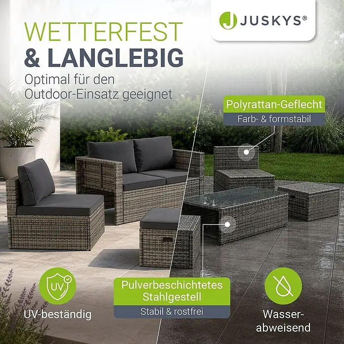 Juskys Loungemöbel-Set Salou - 6 -tlg., Möbel: Polyrattan, Stahl (pulverbeschichtet); Tischplatte: Gehärtetes Glas; Bezug: 100% Polyestergewebe 180 g/m², Farbe Möbel: GrauFarbe Polster: GrauMax. Belastbarkeit: Bank 320 kg; Sessel/Hocker je 160 kg; Tisch 75 kg, Grau - Graue Polyrattan-Lounge-Garnitur mit Kissen für den Außenbereich, wetterfest und UV-beständig.