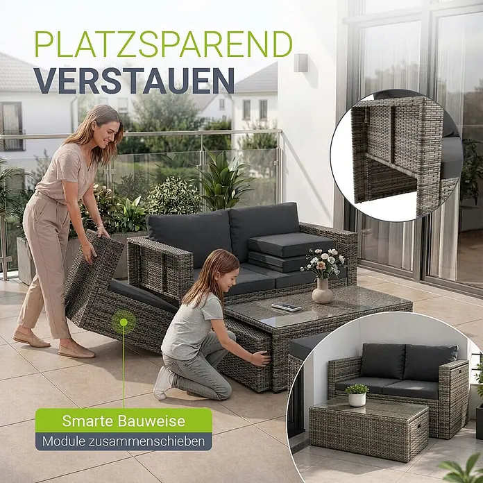 Juskys Loungemöbel-Set Salou - 6 -tlg., Möbel: Polyrattan, Stahl (pulverbeschichtet); Tischplatte: Gehärtetes Glas; Bezug: 100% Polyestergewebe 180 g/m², Farbe Möbel: GrauFarbe Polster: GrauMax. Belastbarkeit: Bank 320 kg; Sessel/Hocker je 160 kg; Tisch 75 kg, Grau - Graues Rattan-Outdoor-Sofa und Couchtisch-Set, das platzsparend auf einer Terrasse verstaut wird.