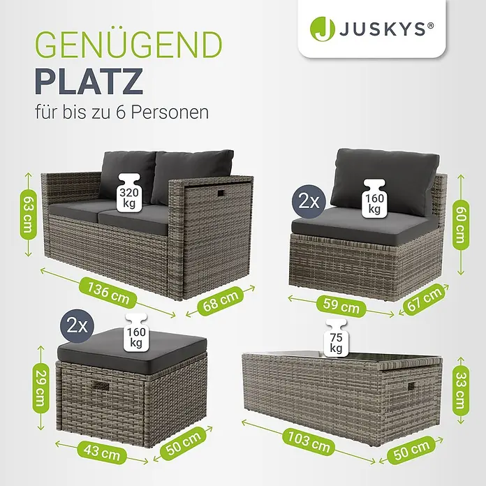 Juskys Loungemöbel-Set Salou - 6 -tlg., Möbel: Polyrattan, Stahl (pulverbeschichtet); Tischplatte: Gehärtetes Glas; Bezug: 100% Polyestergewebe 180 g/m², Farbe Möbel: GrauFarbe Polster: GrauMax. Belastbarkeit: Bank 320 kg; Sessel/Hocker je 160 kg; Tisch 75 kg, Grau - Graues Polyrattan-Gartenlounge-Set mit Sofa, Sesseln, Hockern und Couchtisch, Maße und Traglasten angegeben.