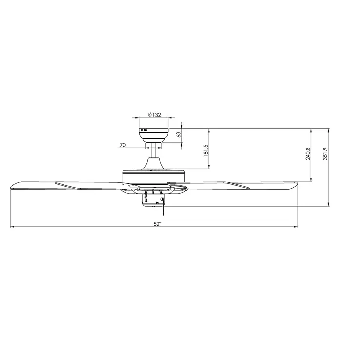 Vam Deckenventilator Outdoor Deckenventilator PATIO bronze mit Leuchte - bronze, 1.320 mm, 60 W - Technische Zeichnung eines Deckenventilators im Seitenprofil mit verschiedenen Maßen, einschließlich einer Spannweite von 52 Zoll.
