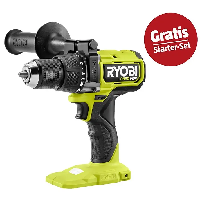 Ryobi ONE+HP Maschinenpaket - Akku-Schlagbohrschrauber RPD18X1-0 + gratis Starter-Kit - Grün-schwarze Ryobi Akkubohrmaschine mit Zusatzhandgriff und rotem "Gratis Starter-Set" Aufkleber.