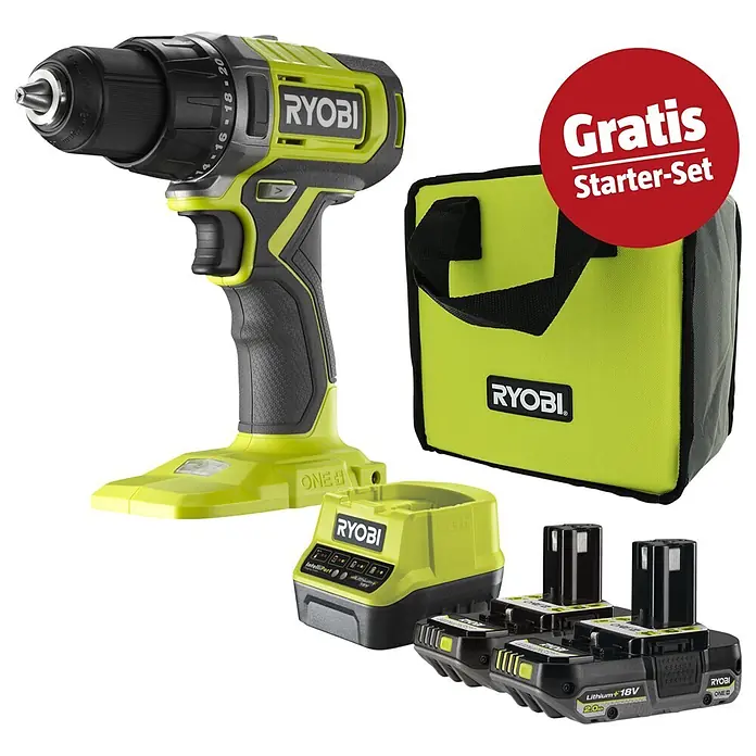 Ryobi ONE+ Maschinenpaket - Akku-Bohrschrauber RDD18-2C20S + gratis Starter-Kit - Grün-schwarzes Ryobi Akku-Bohrschrauber-Set mit Ladegerät, zwei Akkus und Tragetasche, inklusive „Gratis Starter-Set“-Hinweis.