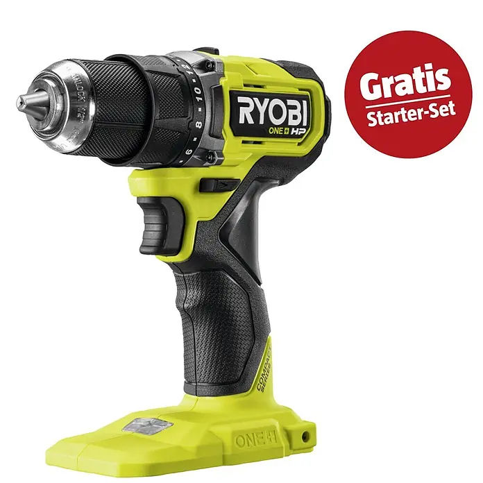 Ryobi ONE+HP Maschinenpaket - Akku-Bohrschrauber RDD18C1-0 C + gratis Starter-Kit - Gelb-schwarze Ryobi ONE HP Akkubohrmaschine mit rotem "Gratis Starter-Set" Hinweis.