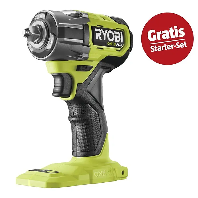 Ryobi ONE+HP Maschinenpaket - Akku-Schlagschrauber RIW18C-0 + gratis Starter-Kit - Limetten-grüner und schwarzer Ryobi ONE+ HP Schlagschrauber mit Sechskantaufnahme und strukturiertem Griff. Rotes "Gratis Starter-Set" Abzeichen.