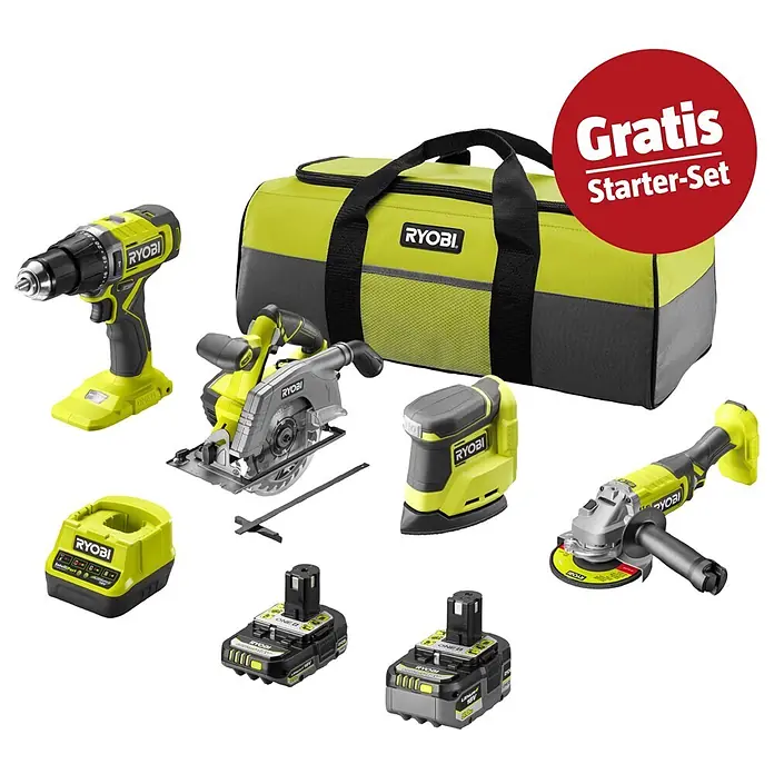 Ryobi ONE+ Maschinenpaket - Maschinen-Set Combo Kit R18CK4G-252S + gratis Starter-Kit - Ryobi Elektrowerkzeug-Set (limettengrün/schwarz): Bohrmaschine, Kreissäge, Schleifer, Winkelschleifer, 2 Akkus, Ladegerät, Werkzeugtasche. „Gratis Starter-Set“.