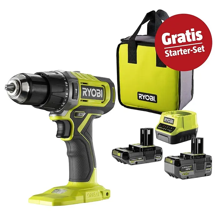 Ryobi ONE+ Maschinenpaket - Akku-Schlagbohrschrauber RPD18-2C42S + gratis Starter-Kit - Ryobi Akkubohrschrauber mit zwei Akkus (2,0Ah, 4,0Ah), Ladegerät und Tragetasche. Als „Gratis Starter-Set“ beworben.