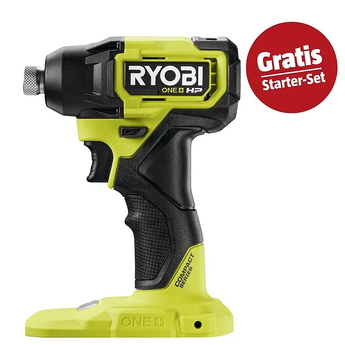Ryobi ONE+HP Maschinenpaket - Akku-Schlagschrauber RID18C1-0 + gratis Starter-Kit - Grüner und schwarzer Ryobi ONE+ HP Schlagschrauber mit einem roten 'Gratis Starter-Set' Abzeichen.