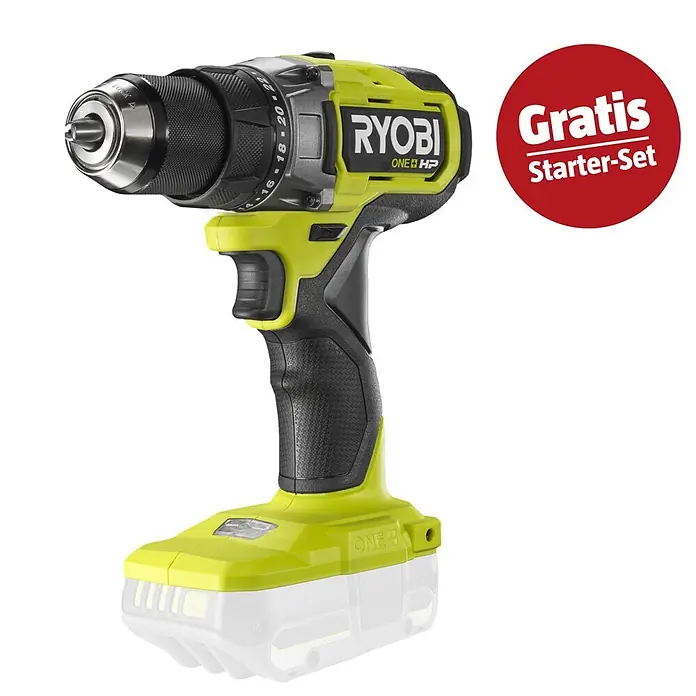 Ryobi ONE+HP Maschinenpaket - Akku-Bohrschrauber RDD18X-0 + gratis Starter-Kit - Ryobi ONE+ HP Akku-Bohrschrauber in Gelb-Grün und Schwarz mit Silberfutter und "Gratis Starter-Set" Aufkleber.