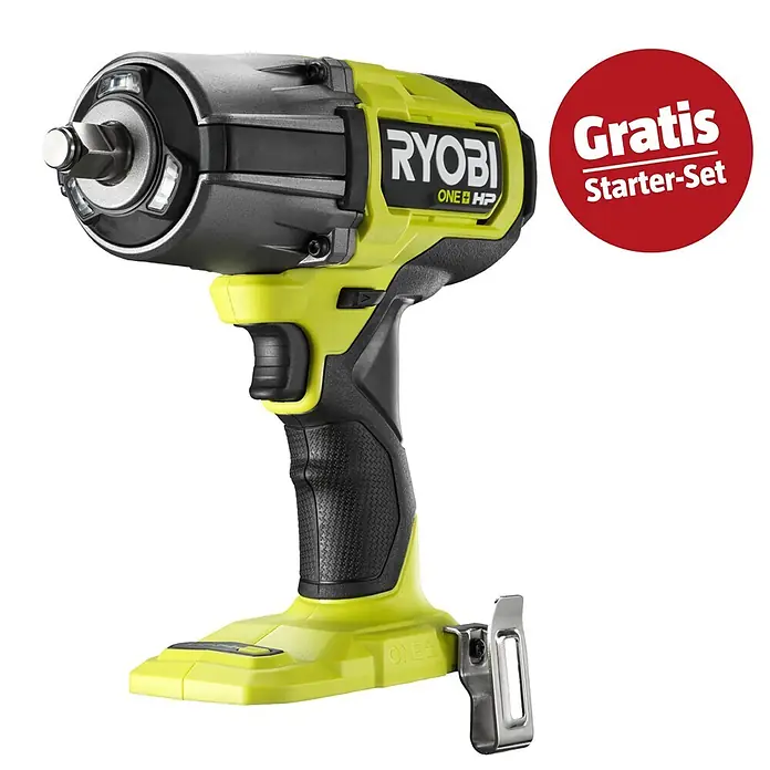 Ryobi ONE+HP Maschinenpaket - Akku-Schlagschrauber RIWH18X-0 Performance + gratis Starter-Kit - Grün-schwarzer Ryobi Schlagschrauber mit Lichtern, Gürtelclip und rotem "Gratis Starter-Set" Abzeichen.