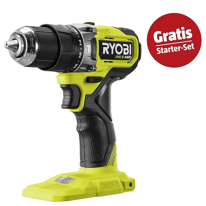Ryobi ONE+ Maschinenpaket - Akku-Schlagbohrschrauber RPD18C1-0 C + gratis Starter-Kit - Hellgrün-schwarze Ryobi ONE+ HP Akku-Bohrmaschine mit 13mm Bohrfutter und einstellbaren Drehmomenteinstellungen.