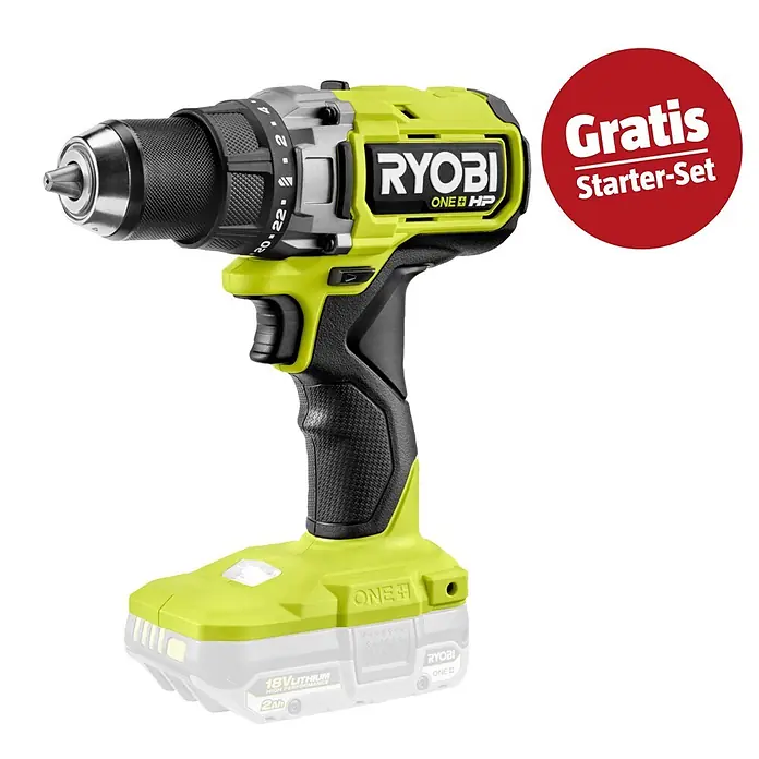 Ryobi ONE+HP Maschinenpaket - Akku-Bohrschrauber RDD18X1-0 + gratis Starter-Kit - Ryobi 18V Akku-Bohrschrauber in Limettengrün und Schwarz, mit "Gratis Starter-Set" Aufkleber.