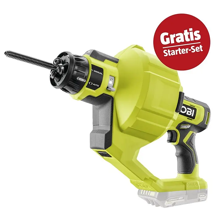 Ryobi ONE+ Maschinenpaket - Akku-Rohrreinigungsgerät RDA18-0 + gratis Starter-Kit - Ryobi Akku-Rohrreinigungsgerät in Limettengrün-Schwarz mit Spirale und gratis Starter-Set. Angetrieben von einem 18V Lithium+ Akku.
