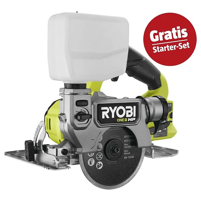 Ryobi ONE+ Maschinenpaket - Akku-Fliesenschneider RTS18C-0 + gratis Starter-Kit - Ryobi Fliesenschneider mit Wassertank, grün, schwarz, grau, mit rotem 'Gratis Starter-Set' Zeichen.