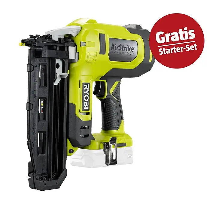 Ryobi ONE+ Maschinenpaket - Akku-Nagler R16GN18-0 + gratis Starter-Kit - Limettengrüne und schwarze Ryobi AirStrike Akku-Nagelpistole mit rotem 'Gratis Starter-Set'-Label.