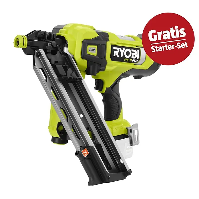 Ryobi ONE+HP Maschinenpaket - Akku-Nagler RFN1834X-0 + gratis Starter-Kit - Grüne und schwarze Ryobi ONE+ HP 34° Akku-Nagelpistole.