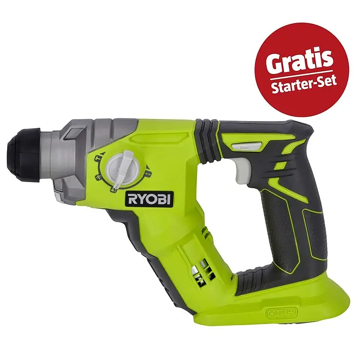 Ryobi ONE+ Maschinenpaket - Akku-Kombihammer R18SDS-0 + gratis Starter-Kit - Kalkgrüner und grauer Ryobi Akku-Bohrhammer mit rotem "Gratis Starter-Set" Aufkleber.