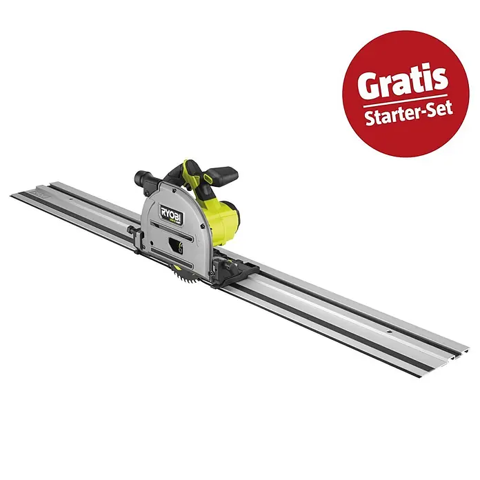 Ryobi ONE+HP Maschinenpaket - Akku-Tauchsäge RPLS18X-0 + gratis Starter-Kit - Graue und gelbe Ryobi Tauchsäge mit schwarzen Griffen auf einer silbernen Führungsschiene.