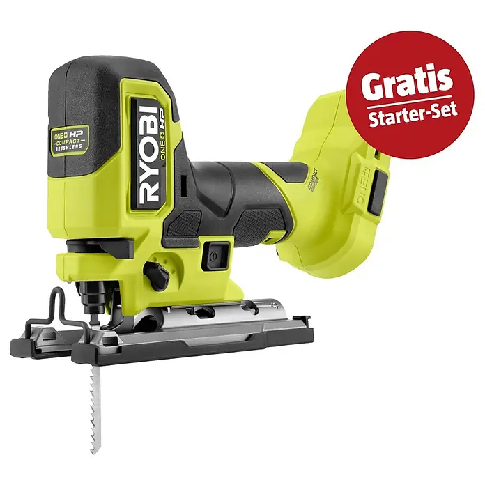 Ryobi ONE+HP Maschinenpaket - Akku-Pendelhubstichsäge RJS18BX-0 + gratis Starter-Kit - Leuchtend grüne und schwarze Ryobi ONE+ HP Compact Brushless Stichsäge mit Sägeblatt und Metallfuß, inklusive Gratis Starter-Set.